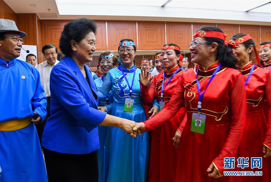 8月9日，中共中央政治局委員、國務(wù)院副總理、中央代表團(tuán)副團(tuán)長劉延?xùn)|率中央代表團(tuán)二分團(tuán)到赤峰看望慰問各族干部群眾。這是劉延?xùn)|在赤峰市群眾藝術(shù)館和群眾親切交談。新華社記者 連振 攝